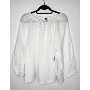 Old Navy Blouse Womens 2X White Crinkle Gauze Peasant Henley Long Sleeve Top